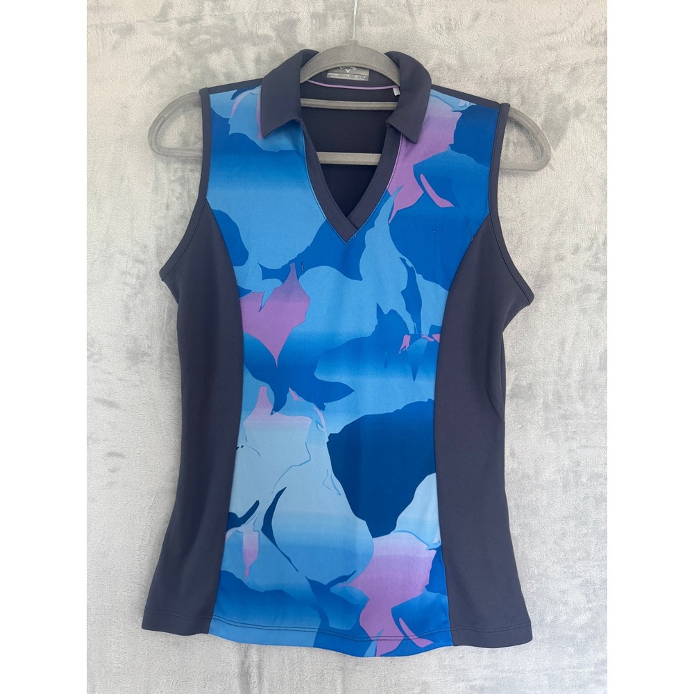 NWOT Callaway Opti-Dri Sleeveless Golf Polo Blue Purple Floral Womens Small